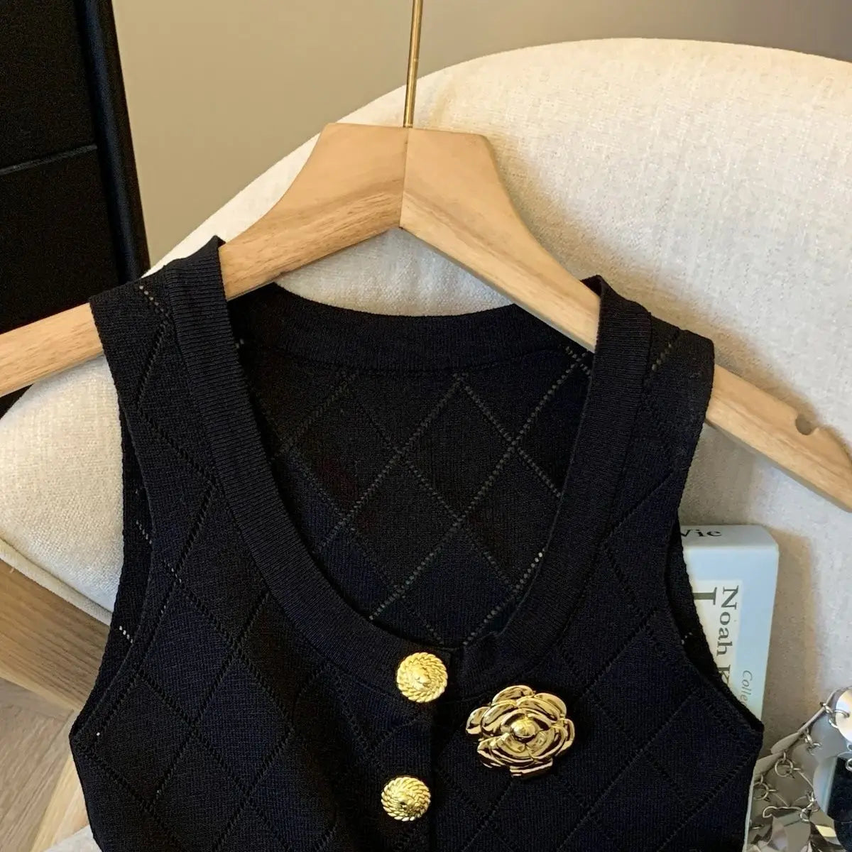 Women Clothes Stylish Vintage Elegant Luxury Chic Hollow Button Knitted Vest Summer V Neck Sleeveless Black White Slim Tank Tops