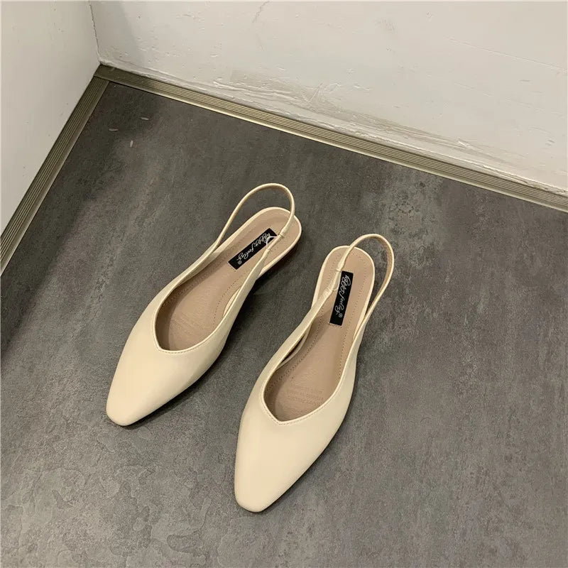 Elegant Slingback Flat Sandals Women Solid Leather Pointed Toe Shoes Summer Ladies Rear Strap Sandalias Low Heel Mary Janes 2025