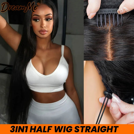 Silky Straight Wear And Go 3 IN 1 Half Wigs Human Hair Machine Made With Drawstring 250% Density Glueless Wigs Beginner Friendly