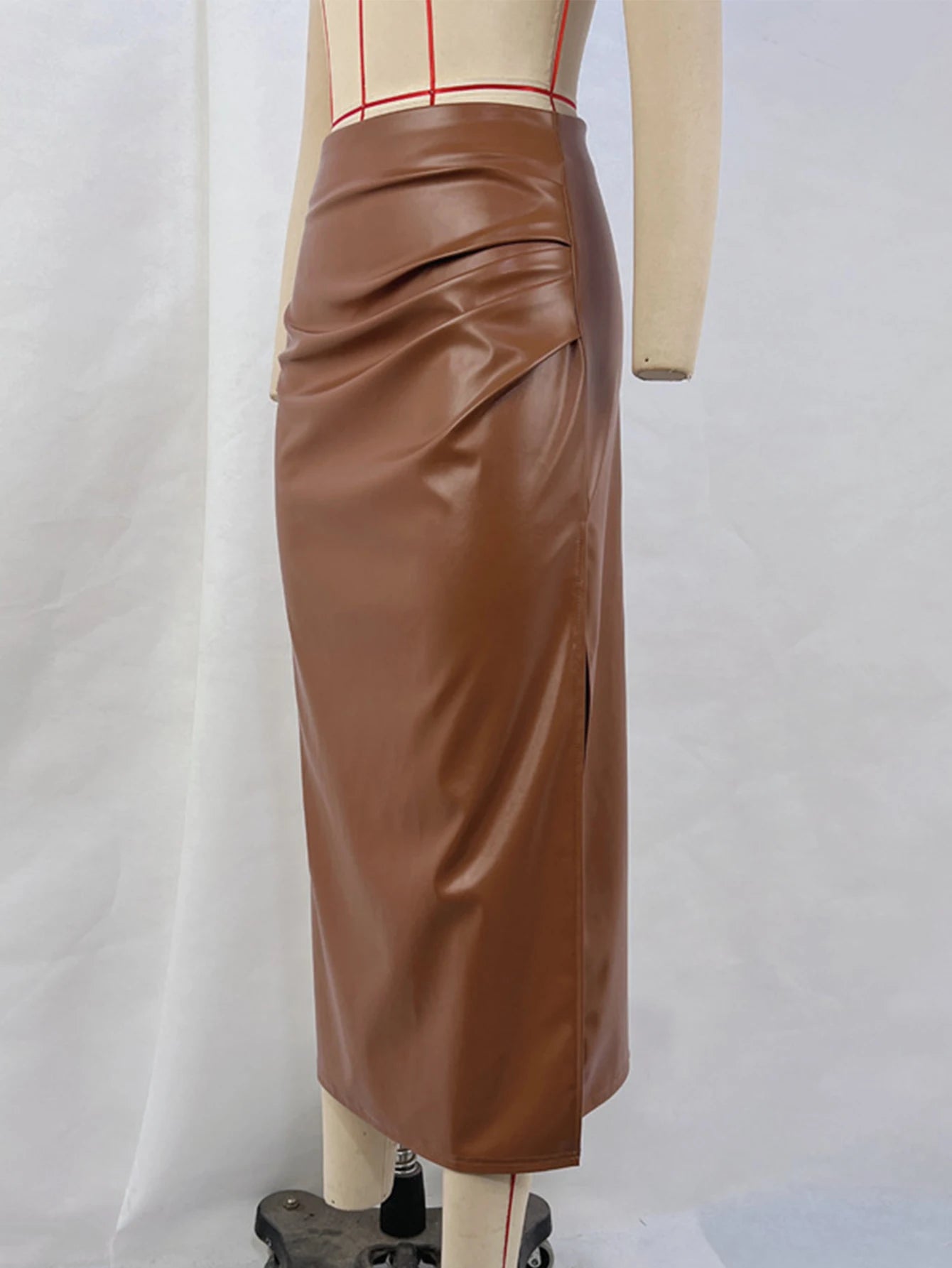 Sexy brown folds high waist PU summer maxi skirt women elegant party leather skirt woman clothing fashion streetwear long skirts