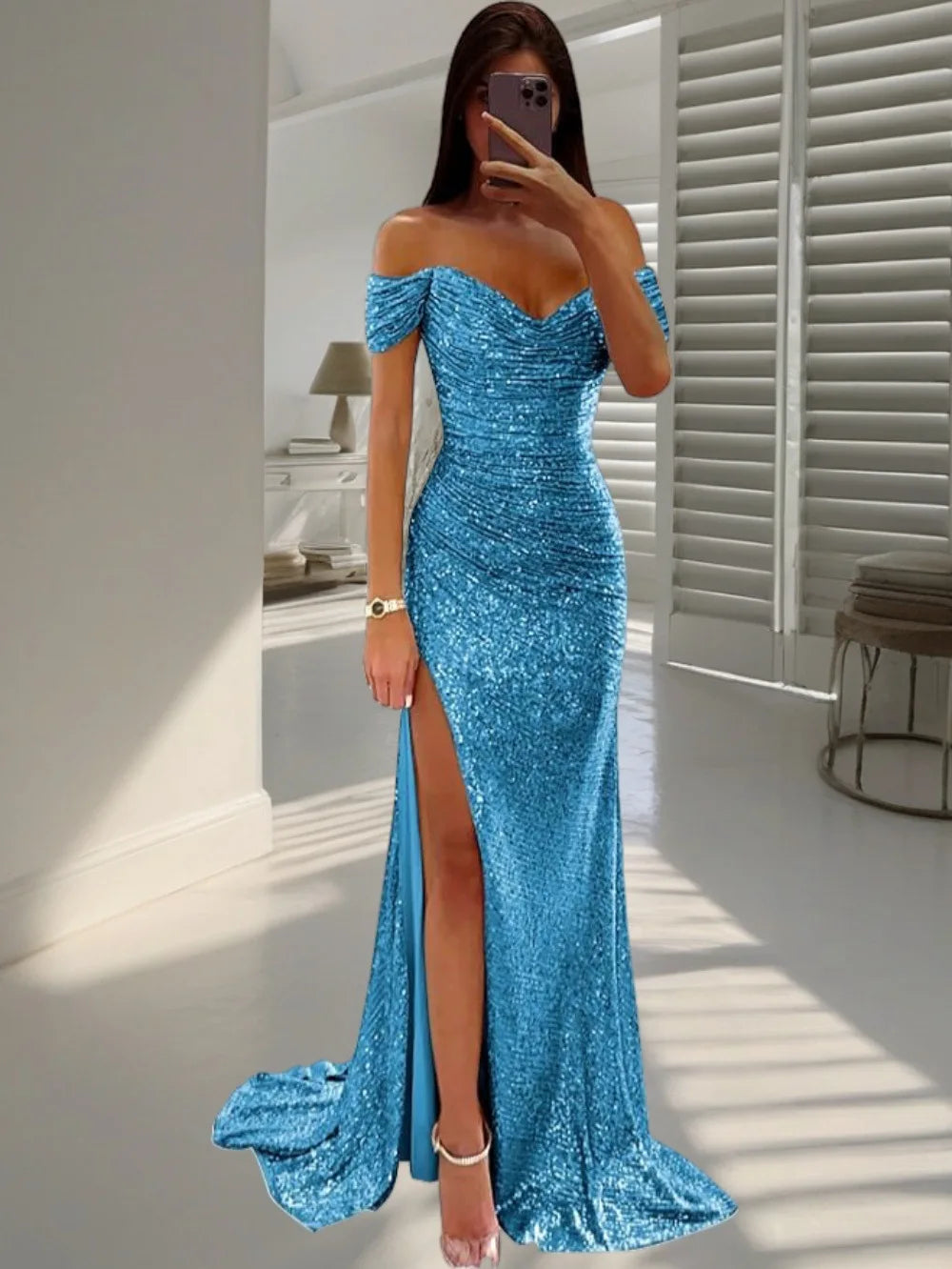 Women's Sexy Party Maxi Dress New Sequined One-line Collar Slit Dress Casual Fashion Prom Eveging Dresses For Women Robe Femme