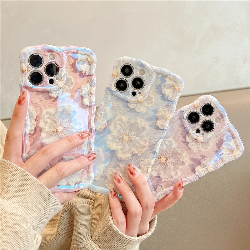 Luxury Laser Flowers Glitter iPhone Case For iPhone 11 12 13 15 16 17 Pro Max Air Plus Fashion Silicone Shockproof Bumper Cover