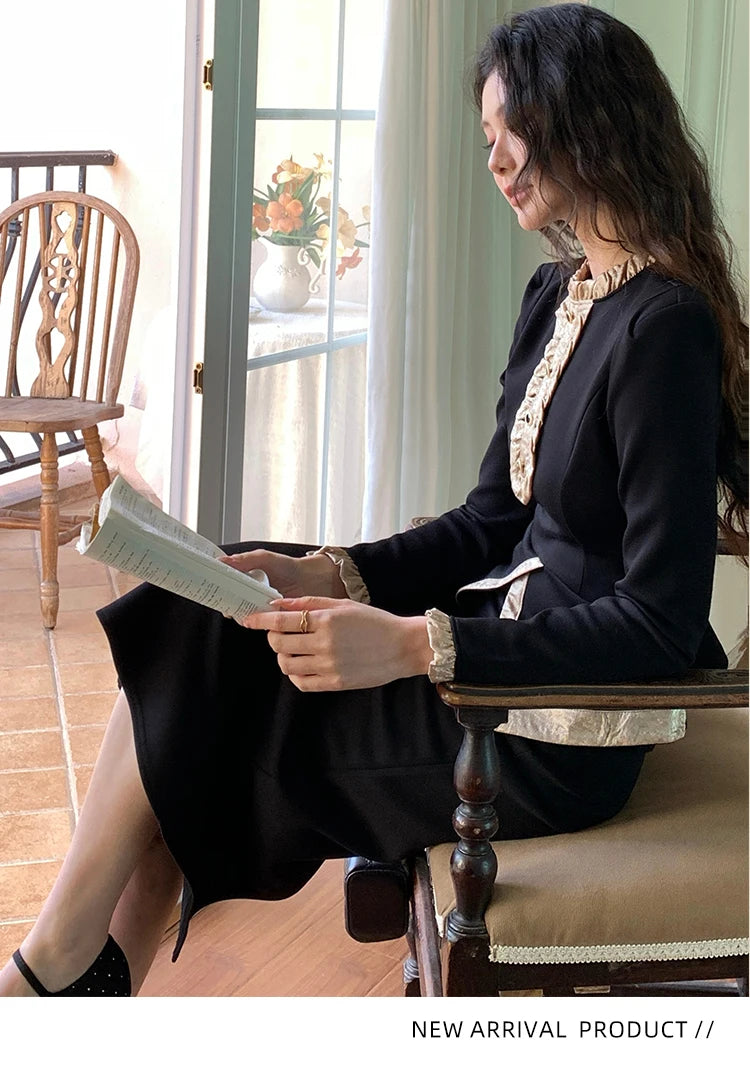 Women Clothes Black Vintage Outfits Elegant Ruffle O-Neck Tops Shirt Blouse And High Waist Midi Skirt Mujer 2 Pieces Set Formal