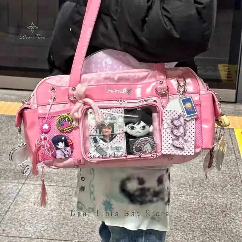 New Y2k Leopard Ita Shoulder Bag Lolita Girls Transparent Tote Bag Womens Large Capacity Crossbody Bag Cute DIY Display Handbags