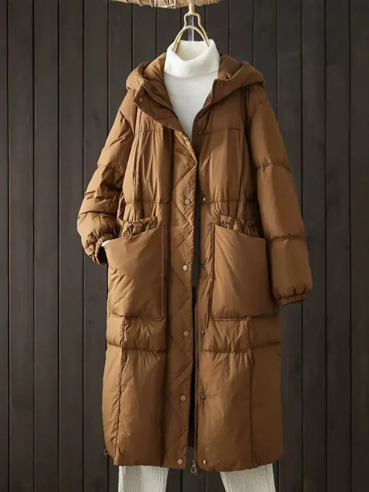 Schinteon Women White Duck Down Long Jacket Casual Loose Autumn Winter Outwear with Hood Warm Coat Big Pockets 2024 Korean Style