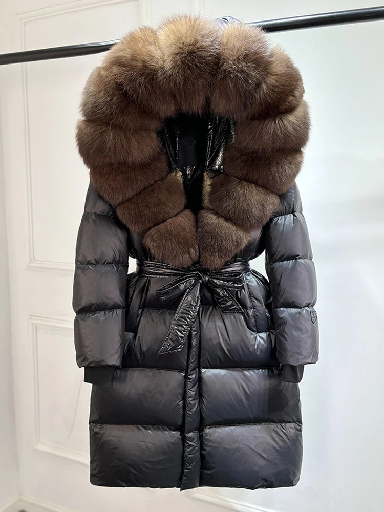 Janveny Winter Real Natural Fox Fur Hooded Long Puffer Down Jacket Women 90% Goose Down Coat Thick Warm Female Shiny Parkas