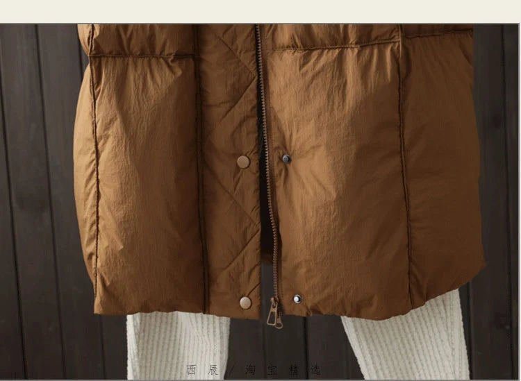 Schinteon Women White Duck Down Long Jacket Casual Loose Autumn Winter Outwear with Hood Warm Coat Big Pockets 2024 Korean Style