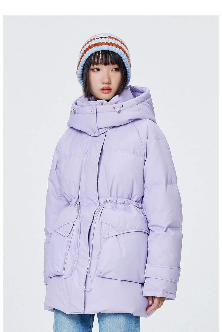 Metersbonwe Women's  Oversized Long Hooded Down Jacket Adjustable Pig Nose Buckle Waist Belt Utility Duck Down Parka Warm Winter