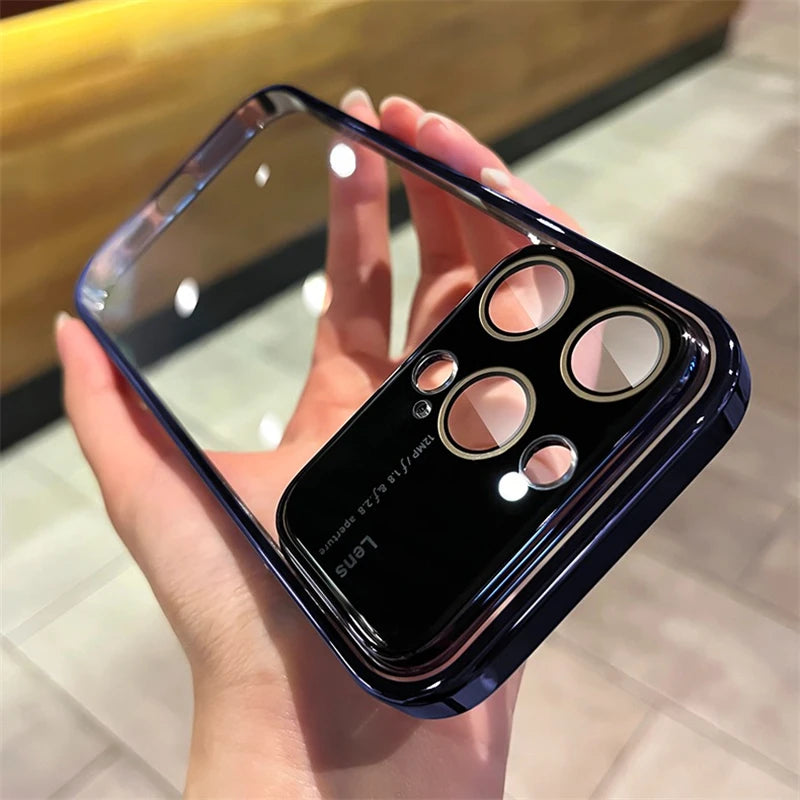 Original Big Window Electroplating Frame Phone Case For iPhone 15 14 13 12 11 Pro Max Plus lens Protector Colorful PC Hard Cover