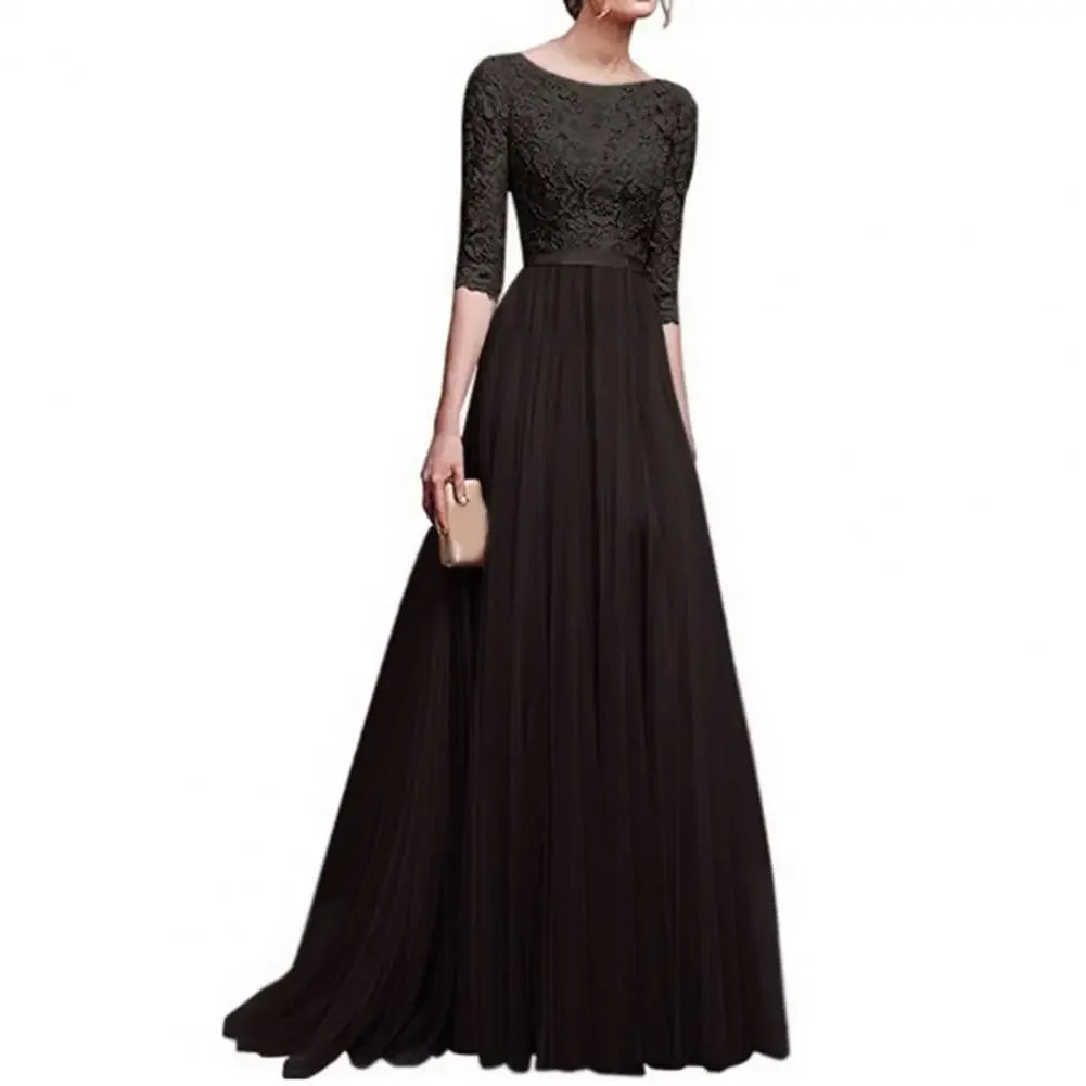 Women Maxi Dress Lace Flower Embroidery Pleated Floor Length Women Chiffon Long Dress Elegant Evening Gown Prom Party Dresses