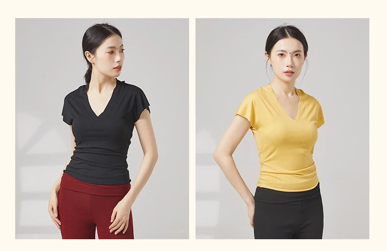 Modern Dance Clothes Women  V-Neck Seamless Short Sleeve T-Shirt Elegant Stage Costume Basic Training Tops Casual Summer Blouse