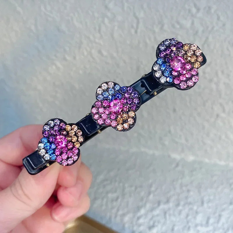 1PC Fashion Four-leaf Clover Braided Hair Finishing Side Clip Sparkling Crystal Stone Braided Hair Clips Forehead Bangs Clip