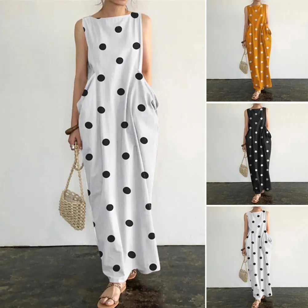 Loose Maxi Dress Summer Maxi Dress with Dot Print O Neck Big Pockets for Women Soft Ankle Length Beach