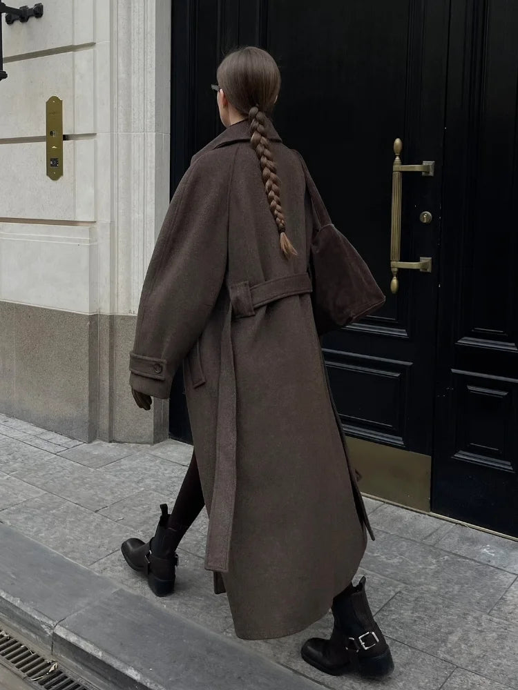 Stand Collar Single Breasted Woolen Lace Up Long Overcoat Women Elegant Full Sleeves Button Pockets Coats New Autumn Winter Tops