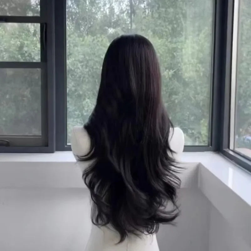 women's long hair black simulated hair new fashionable and versatile eight character bangs lazy curly hair wig