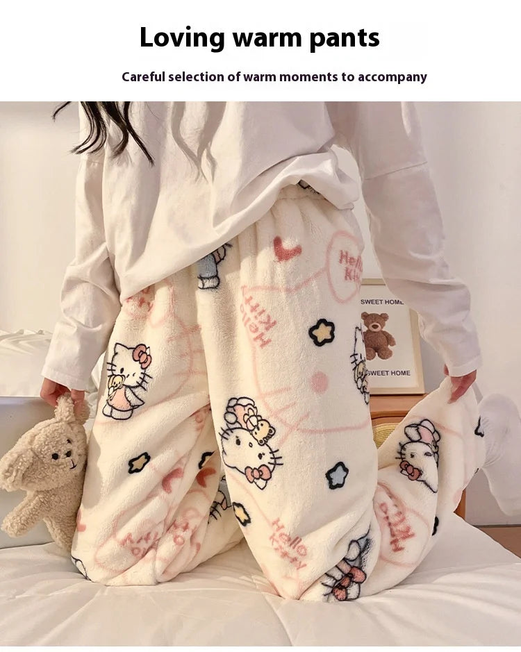 HelloKitty Warm Coral Velvet Sleepers Women's Flannel and Velvet Thick Pants Sleepwear Plush Large Home Pants