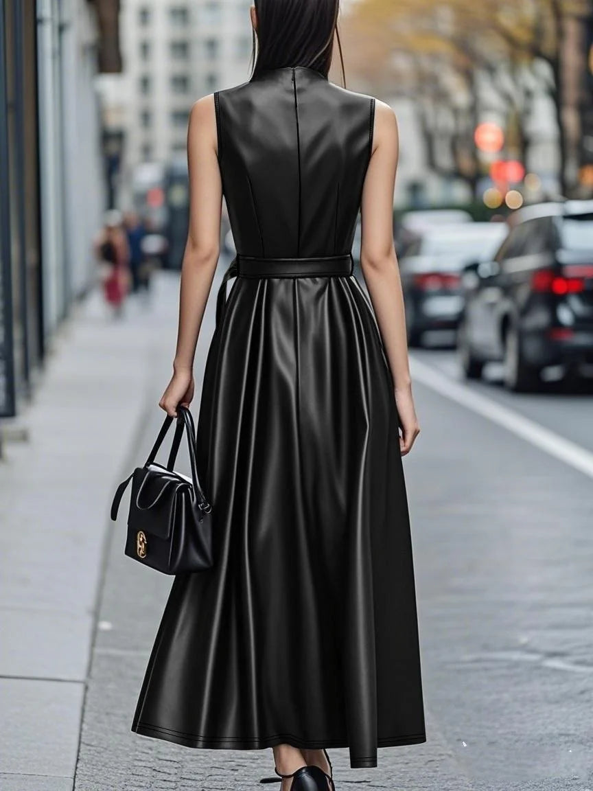 Summer Maxi Dresses for Women Sexy V-neck Black PU Leather Dress Women Sleeveless Slim Fit Elegant A-Line Dress With Blet