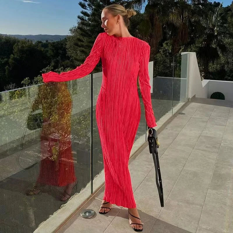2024 Autumn Elegant Bodycon Dress Women Sexy Solid O Neck Flare Sleeves Long Summer Dresses Holiday Vestidos Black Red Orange