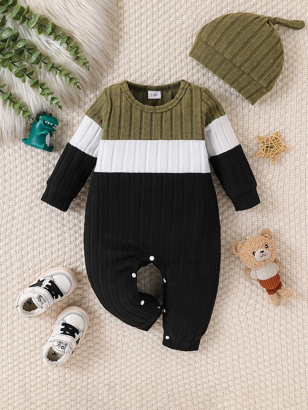 3 Colours Autumn Bodysuits Newborn Baby Boy Long Sleeve Colour Block Romper+Hat Simple Onesie Jumpsuit for Toddlers 1-18Months