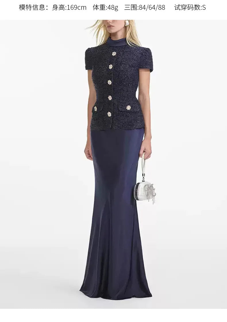 Maxi Formal Luxury Evening Dresses Women Summer Autumn Single Breasted Crystal Satin Tweed Long Dress Blue Party Dinner Vestidos