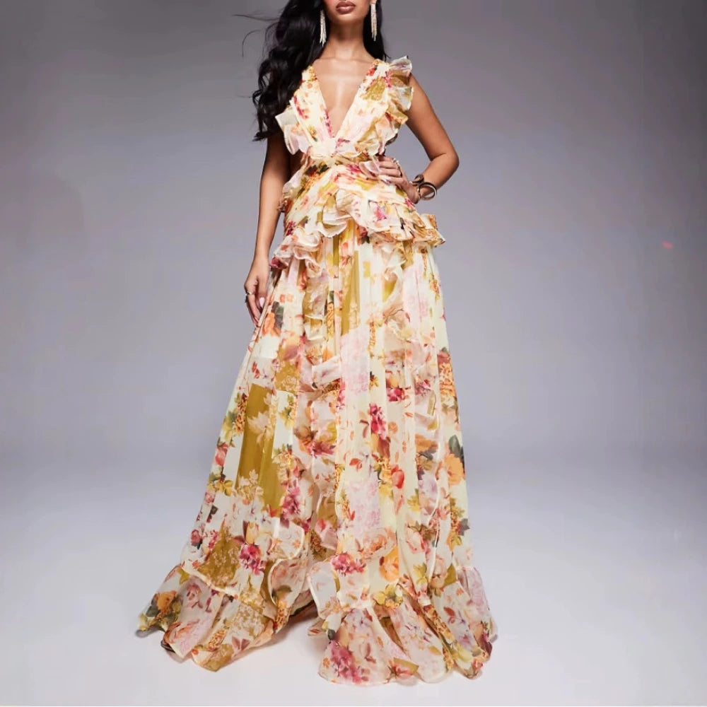 VGH Runway Style Maxi Dresses for Women V Neck Sleeveless High Waist Patchwork Ruffles Edge French Sexy Printed Dress Female New