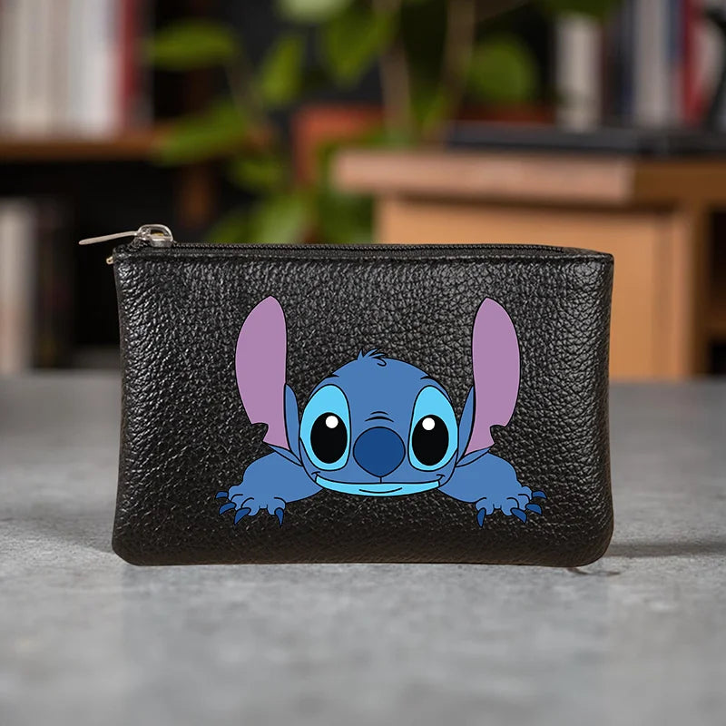 Stitch Mini Print Coin Purse, Cartoon Short Wallet with Zipper Closure, Compact & Stylish for Coins, Cards, Keys, Everyday Use