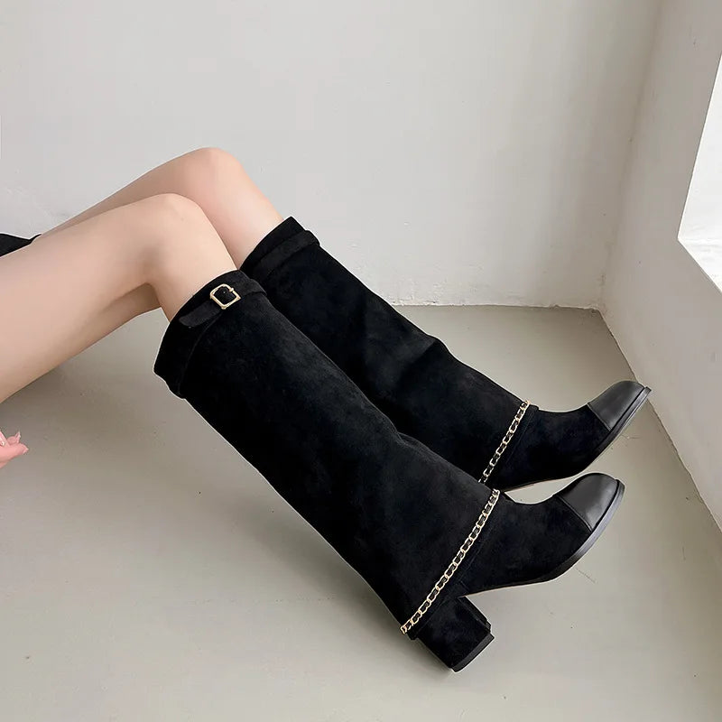 Arden Furtado 2024 Cowhide Mixed Colors Knee high boots Round toe Suede Pull-on Turned-over Edge Chunky heels Modern boots