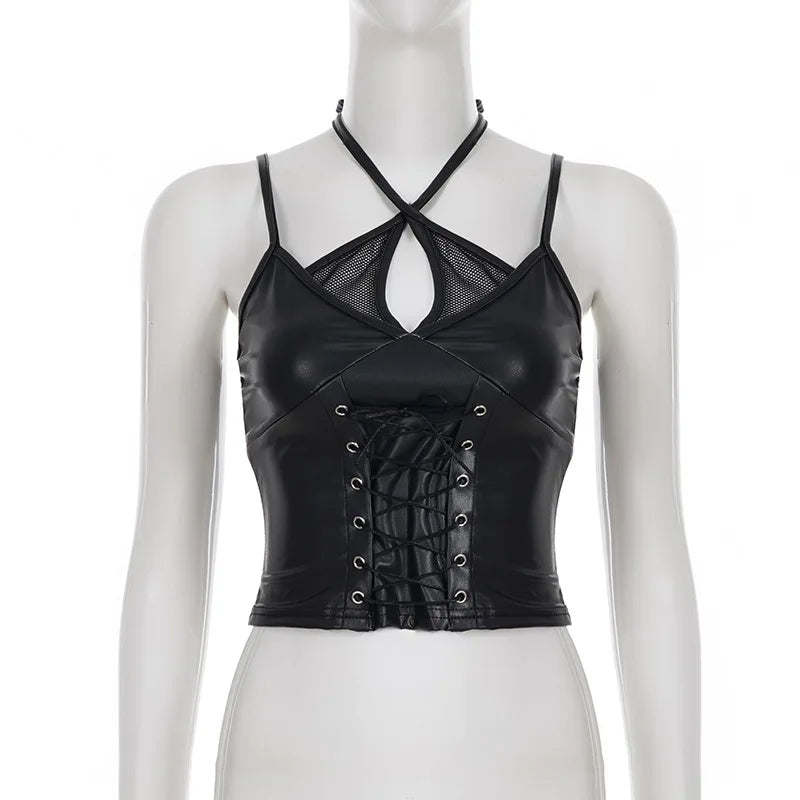 Goth Dark Mall Goth Bandage Camisole Women Y2K Grunge Leather Patchwork Mesh Straps Tanks Top Casual Slim Crop Vests Streetwear