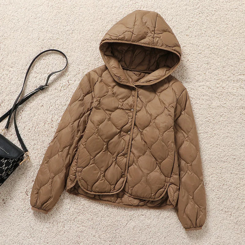 Autumn and Winter New Women's Lightweight Down Jacket Fashion Warm Windproof Slim White Duck Down Hooded Mature Women's Jacket