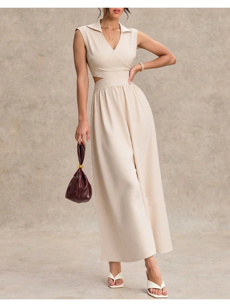 Mia Muse Dresses Summer Comfortable French Elegant Fashion Cut-Out Chic Sleeveless V-Neck Maxi Sweet Dating Dresses For Women