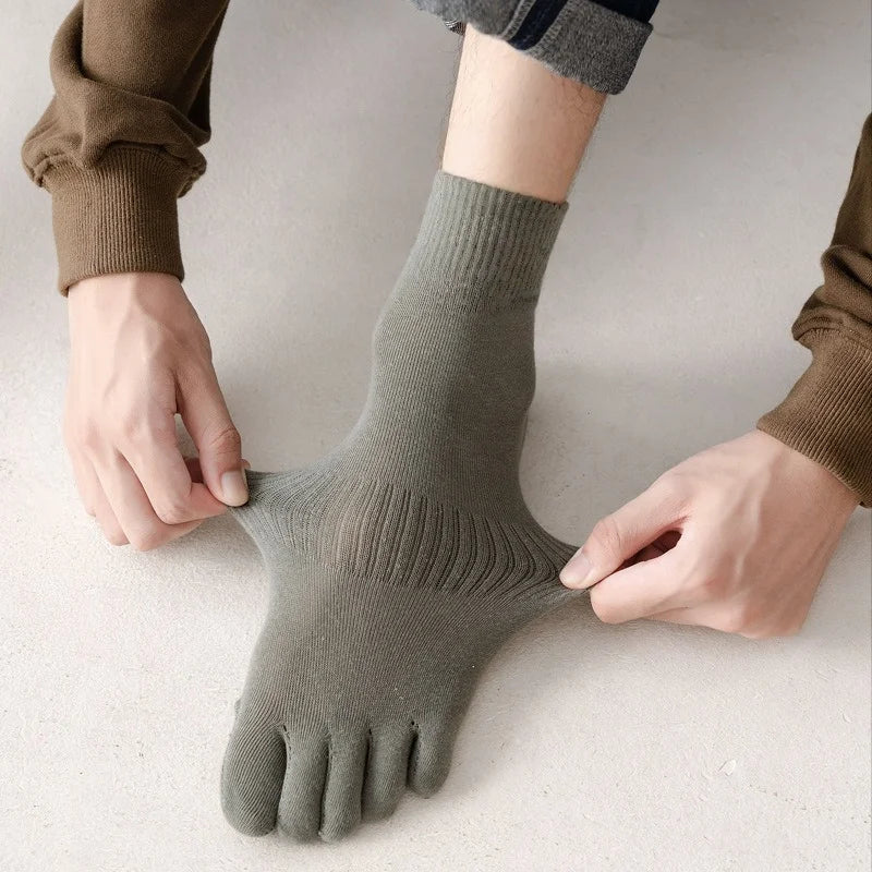Men's Cotton 5 Toe Socks Mid Cuff Anti Odor Sweat Wicking Non Slip for Spring Autumn Casual Athletic Solid Color Daily Comfort