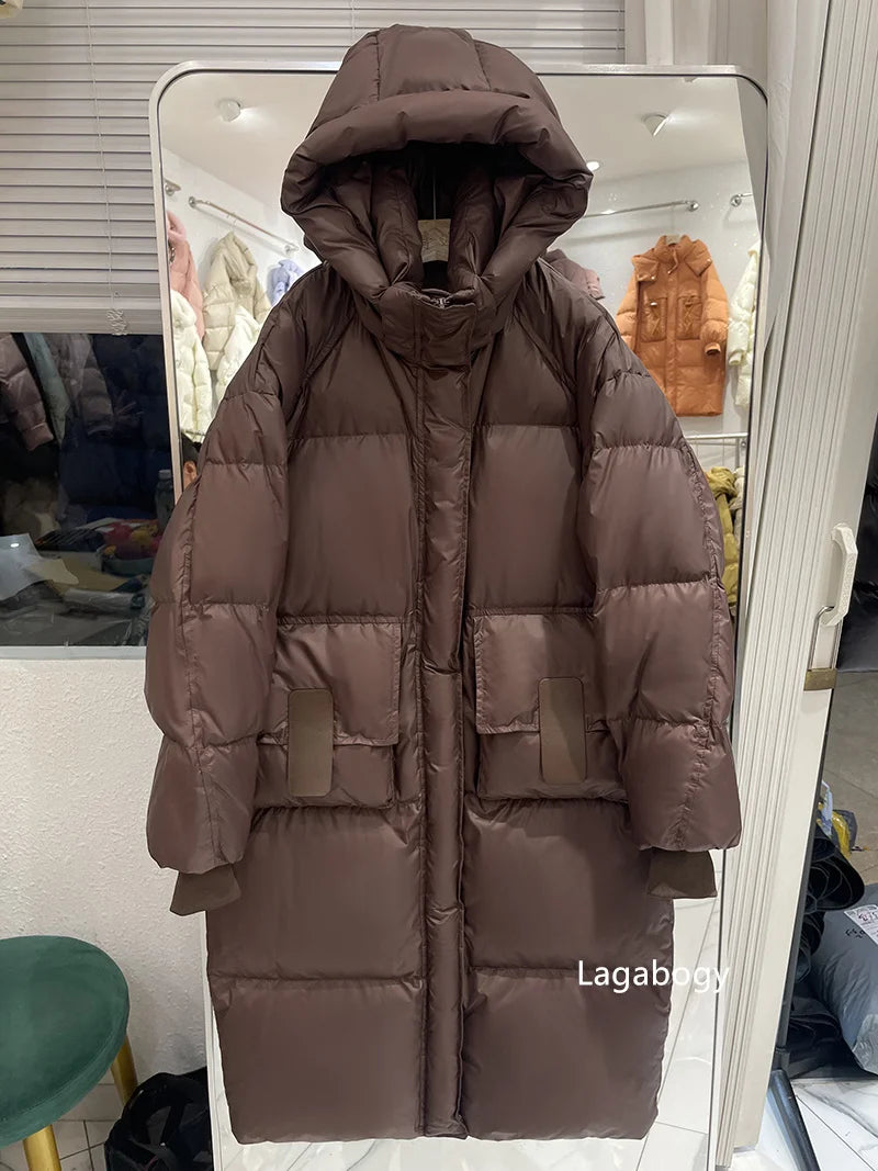 Lagabogy 2025 New Winter Women Puffer Jacket Female White Duck Down Coat Large Version of Warm Hooded Loose Thickened Long Parka