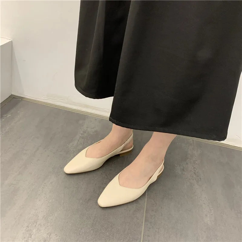 Elegant Slingback Flat Sandals Women Solid Leather Pointed Toe Shoes Summer Ladies Rear Strap Sandalias Low Heel Mary Janes 2025