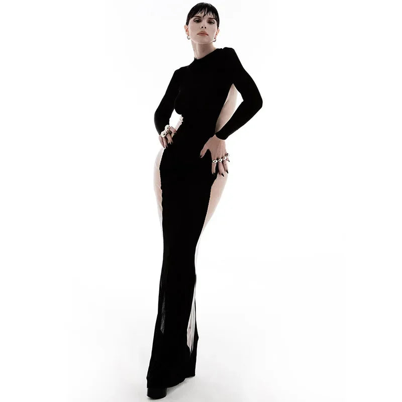 Black Maxi Dresses For Women Side See Through Vestidos Elegantes Para Mujer Slim One-Pieces Sexi Night Dress Hot Club Outfit