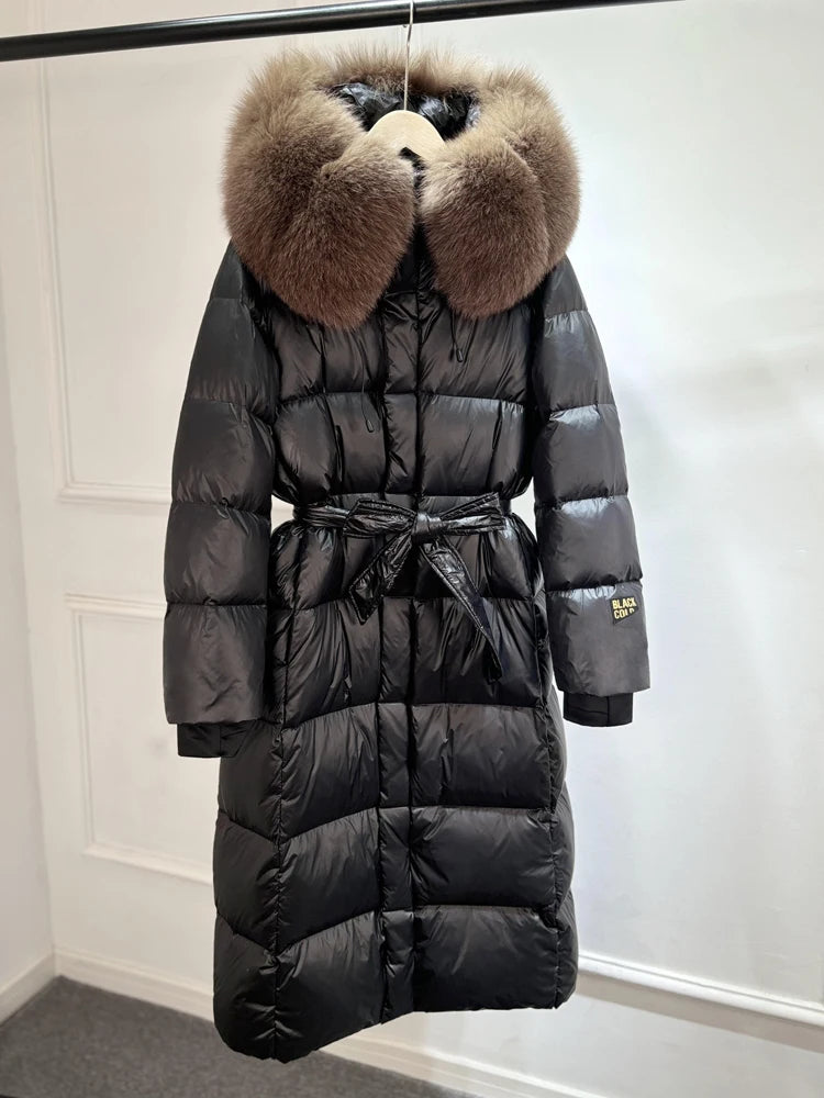 Janveny X-long Shiny Puffer Jacket Women Hooded Winter Thick Goose Down Coat Belt Large Natural Fox Fur Female Parkas Waterproof