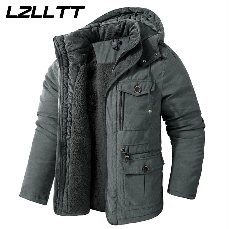 LZLLTT Men Winter Warm Parkas Mens Fleece  Jacket Parkas Men Casual Cotton Outdoor Fur Trench Padded Jackets Coats