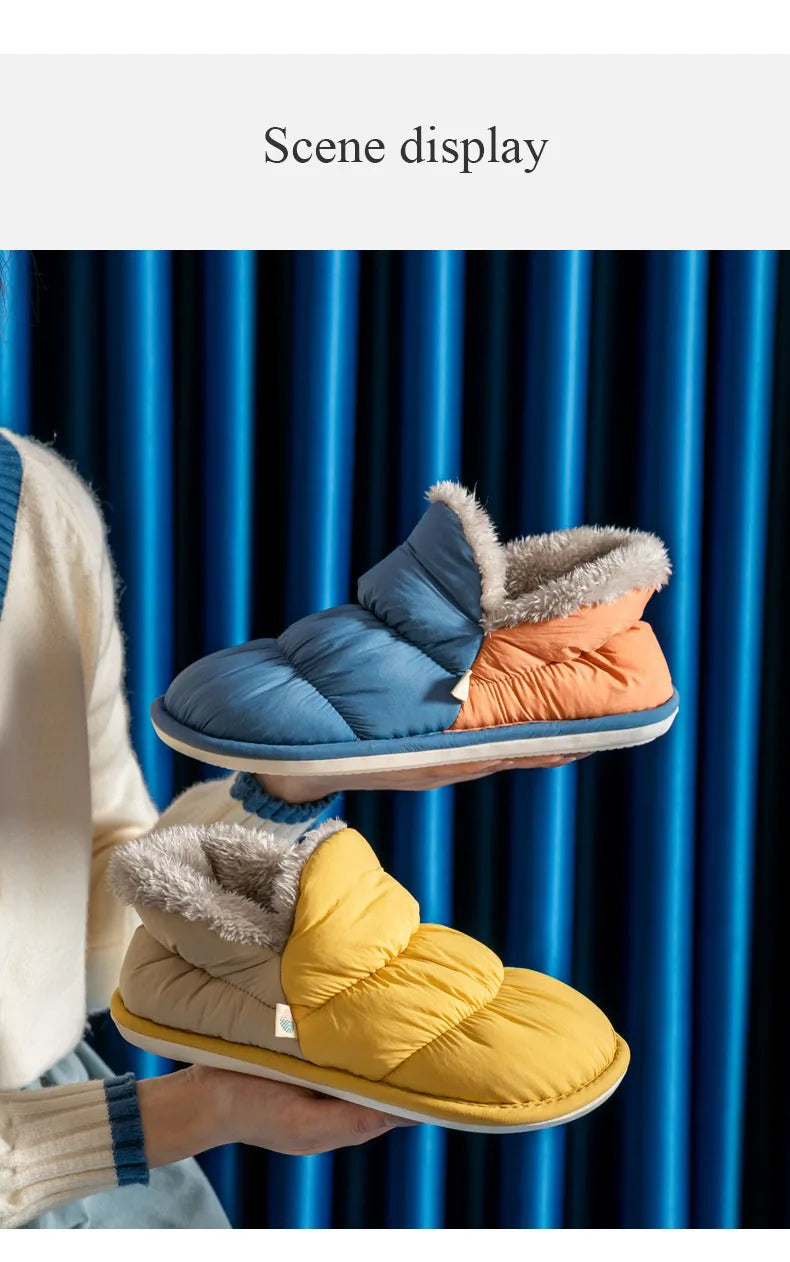 WDZKN Fashion Women Home Cotton Shoes Winter Warm Plush Slip On Slippers Waterproof Down Soft Bottom Indoor Couple Outside Shoes
