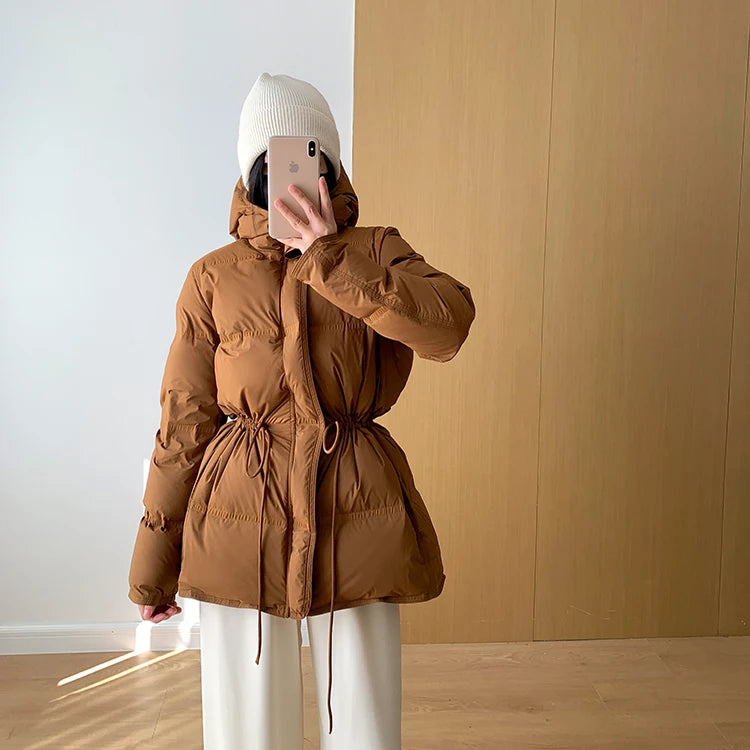 2023 New Autumn Winter Women Fashion Hooded 90% White Duck Down Coat Lady Slim Thick Warm Zipper Drawstring Lace-up Snow Jacket
