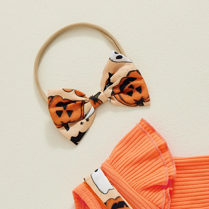 Newborn Baby Girl Halloween Clothes Outfit Pumpkin Ghost Print Long Sleeve Crew Neck Patchwork Romper Dress with Headband