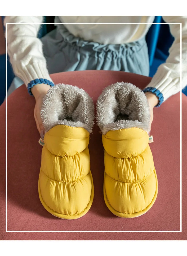 WDZKN Fashion Women Home Cotton Shoes Winter Warm Plush Slip On Slippers Waterproof Down Soft Bottom Indoor Couple Outside Shoes