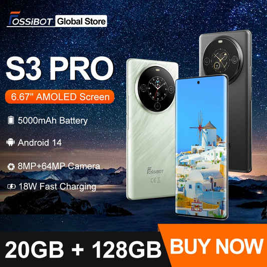 FOSSiBOT S3 PRO Smartphone 20GB +128GB 6.67" AMOLED Display Android 14  Mobile 8+64MP Camera NFC Cell Phone