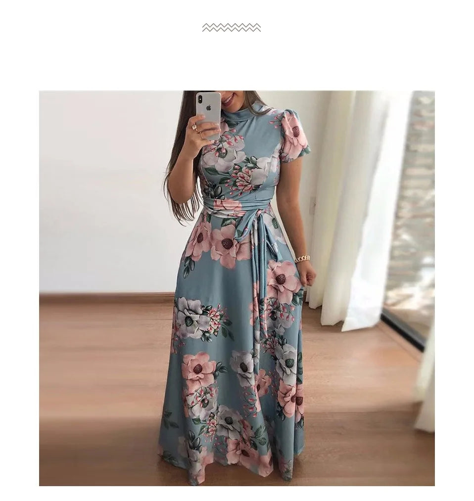 Women Summer Maxi Dress 2025 Casual Long Sleeve Boho Floral Print LOOSE Dress Turtleneck Bandage Elegant Party Dresses Vestidos