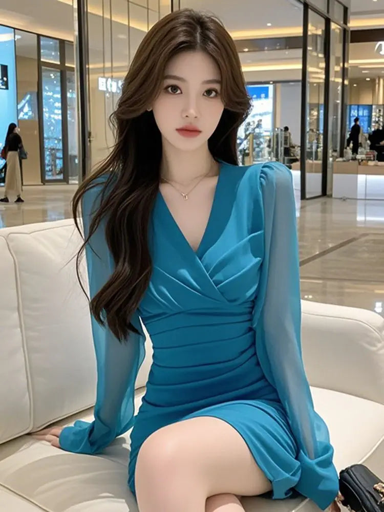 2025 New Women Clothes Temperament Dresses Ladies Fashionable Pleated V-neck Long Sleeve Sexy Dress Women Solid Color Dresses