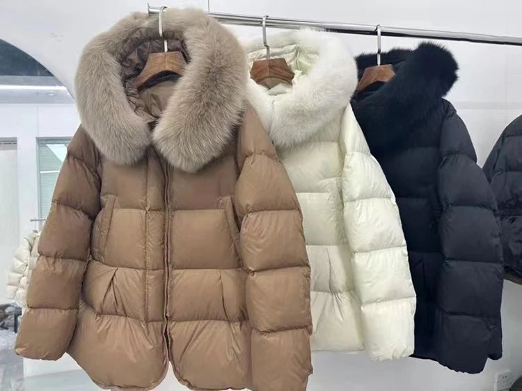 Schinteon Women 100% Real Fox Fur Collar White Duck Down Jacket with Hood Autumn Winter Warm Casual A-lined Warm Outwear Cape