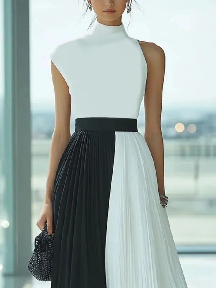 Missuoo 2025 Elegant Evening Dress for Women High Neck Sleeveless Pleated Maxi Dress Contrast Color High Waist Wedding Dresses