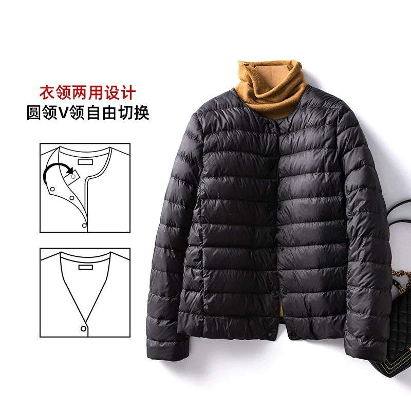 Light Down Coat Women Liner Duck Down Jacket O-neck Variable V-neck New Female Winter Collarless Ultralight Quilted Puffer Coat