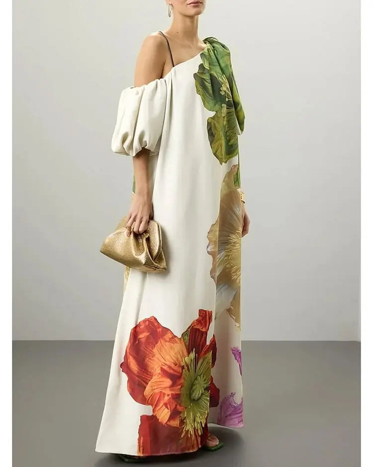 Women New Elegant Floral Printed Evening Maxi Dresses Loose One-Shoulder H-line Vacation Bohemia Dress