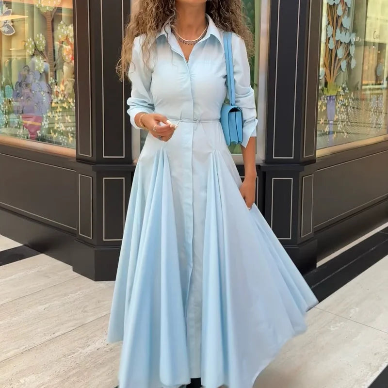 Elegant Single Breasted Khaki Long Dress Women Lapel Short Sleeve Pleat Slim Waist A-line Dresses 2025 Summer Autumn Lady Robes