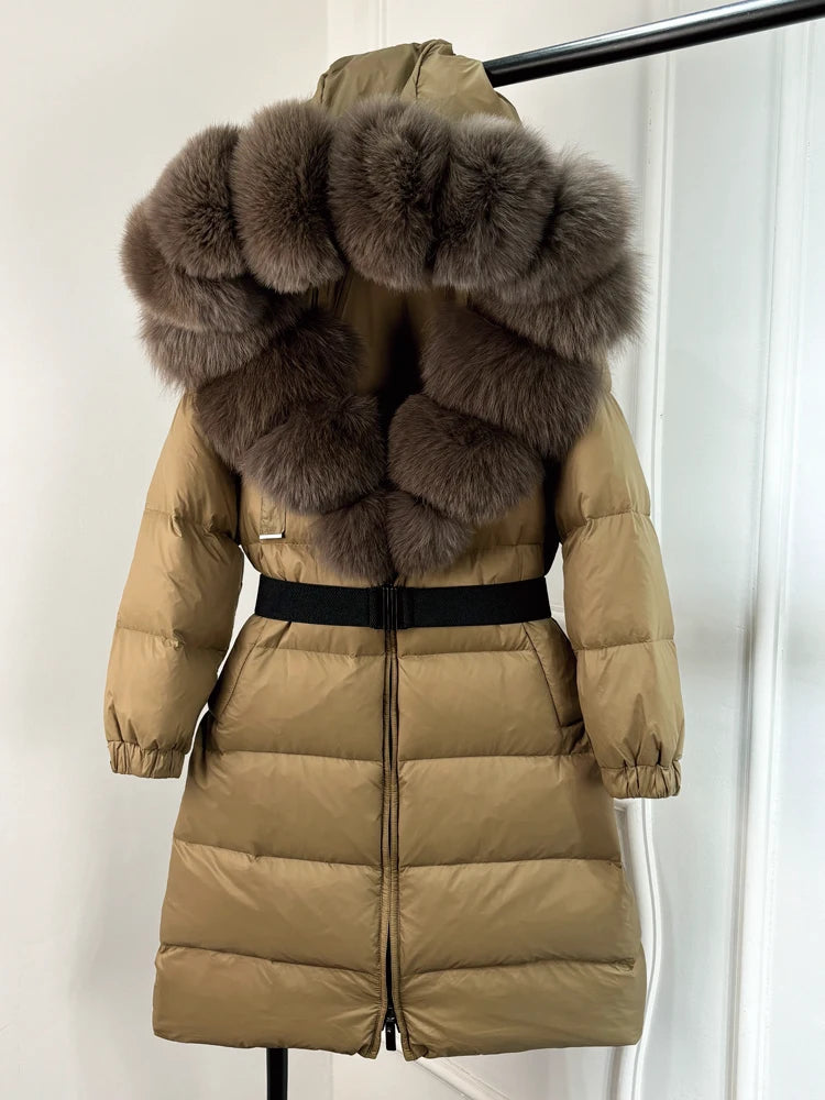Lagabogy 2025 Winter Puffer Jacket Women Real Fox Fur Hooded Collar Thick Warm Long White Duck Down Coat Loose Luxury Outerwear