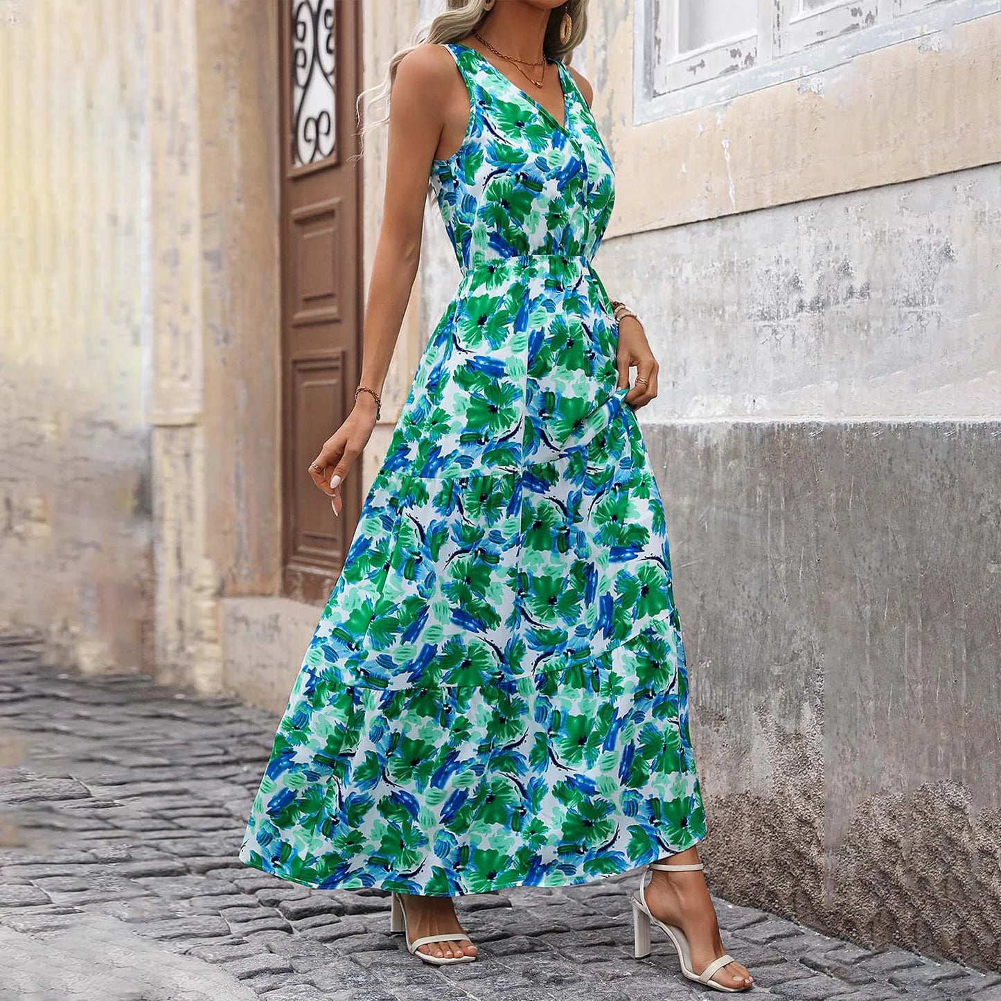 Maxi Dresses For Women Summer Tiered Ruffle Print Boho Beach Ladies Vestidos Evening Party Elegant Dress Vintage Long Dress